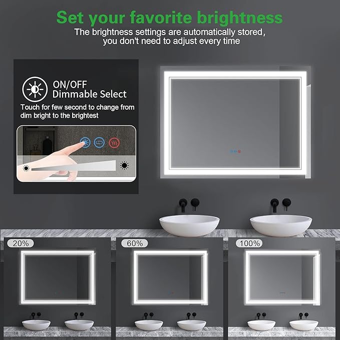48”x 36” Bathroom Led Vanity Mirror with 3 Colors Light, Dimmable Touch Switch Control, Anti-Fog Wall Mounted Makeup Mirror for Wall (Horizontal)
