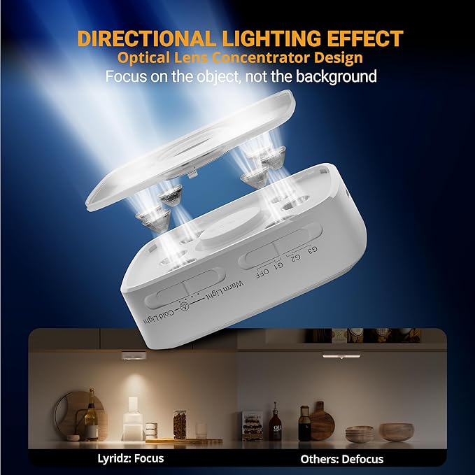 Lyridz Motion Sensor Under Cabinet Lights, Wireless Group Sync Stair Lights (6 Pack), 4000mAh Rechargeable Battery, 4 Color Temps & Dimmable, Magnetic Stick-on Night Light for Kitchen, Closet, Hallway