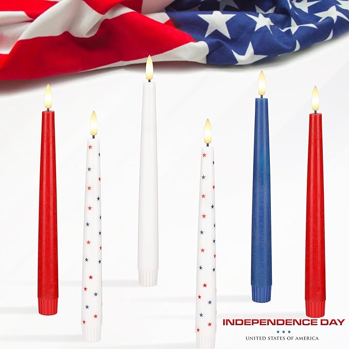 4th of July Candles, Flameless Taper Candles with Remote, 9.6" Red White and Blue Star Candles, Real Wax Flickering Independence Flameless Candles, Patriotic Candles, Battery Candles, Set of 3
