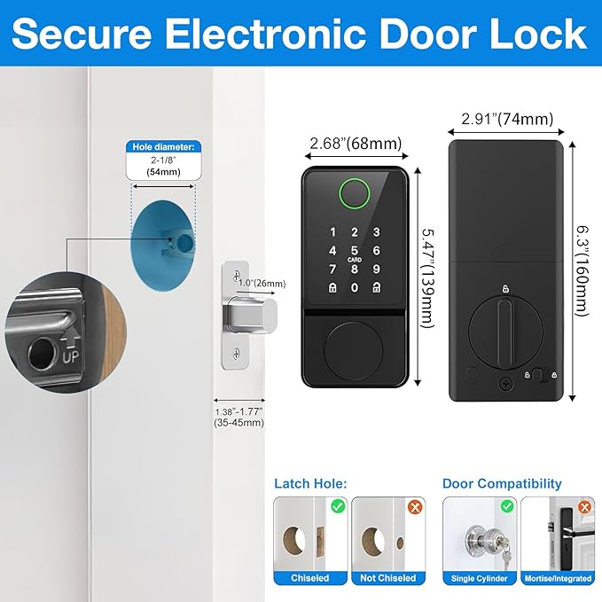 Smart Door Lock Keyless Entry with Fingerprint Touchscreen Keypad APP IC Card Key Type-C Charging Unlocking 6 In 1 Electric Biometric Digital Deadbolt for Front Doors Home Apartment Auto-Locking