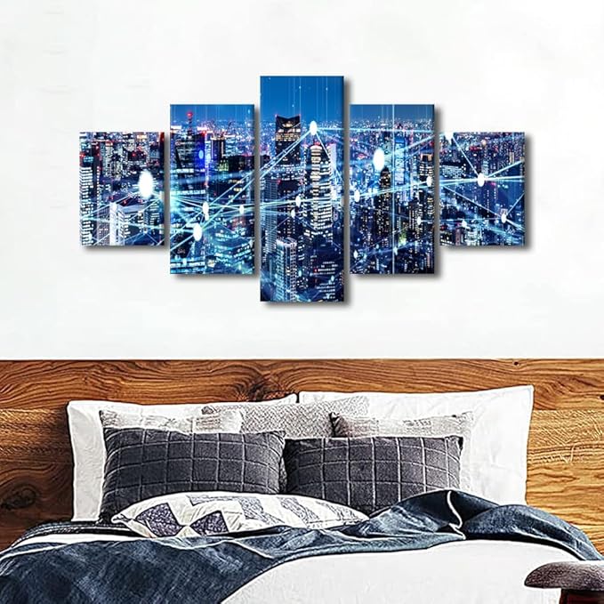 Canvas Wall Art Modern Home Decoration Artwork 5 Panel Wireless Network Poster Smart City Picture Printing Internet Workers Office Wall Art Decorate Frame and Stretched Ready to Hang 60x32 Inch