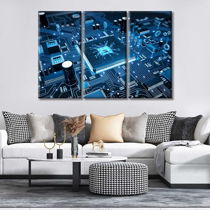 CPU Concept Canvas Wall Art Integrated Communication Processor Posters and Prints Bathroom Decor Wall Art 3 Panel Circuit Board Bedroom Poster Artwork Print on Canvas Framed Ready to Hang (60"Wx40"H)