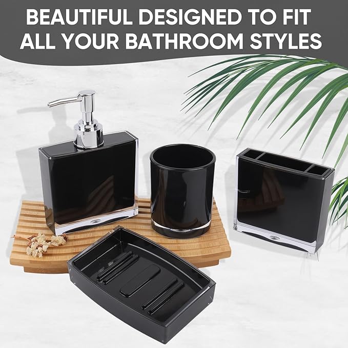 4-Piece Sleek Black Acrylic Bathroom Accessories Set — Soap Dispenser, Toothbrush Holder, Soap Dish & Mouthwash Cup, Vanity Countertop Organizer for Modern Black Bathroom Decor