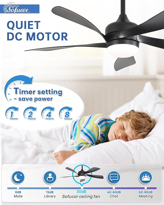 Sofucor 45" Smart Ceiling Fan, Indoor/Outdoor Black Ceiling Fans with Lights and Remote, Works with Alexa/Google/App, 3-Color Light 6-Speed Timing Reversible DC Motor for Bedroom Living Room Patio