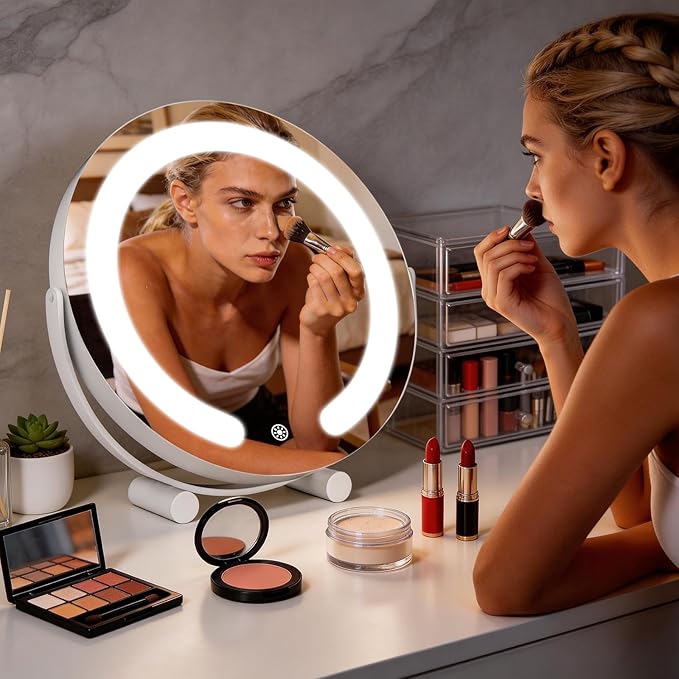 Vanity Mirror with Lights, 12" LED Makeup Mirror, HD Professional Mirror, Smart Touch with 3-Color Lighting, Dimmable, 360° Rotation, Lighted Up for Makeup Desk, Bedroom (White)