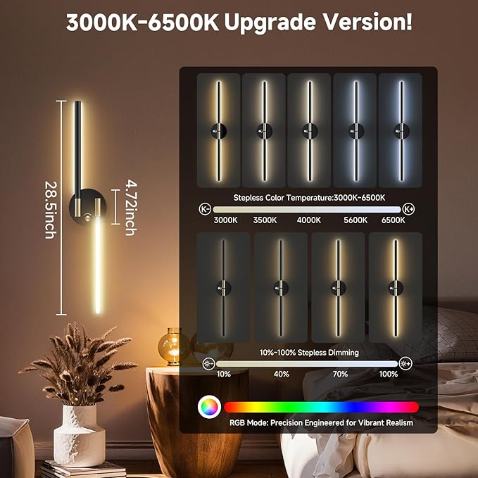 Battery Operated Wall Sconce with 360°DIY Independently Rotate Lamp,Wireless Magnetic Wall Lights with Remote,Timer,Dimmable 3000K-6500K,RGB Wall Sconces Decor for Bedroom,Living Room10000mAh