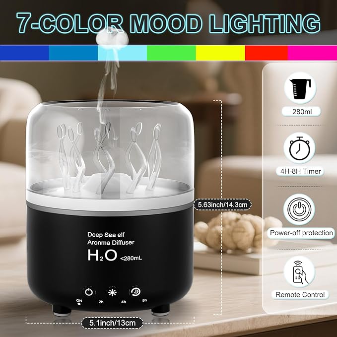Morbou Essential Oil Diffuser with Jellyfish Spray & Sea Anemone Rotation, 280ml Ultrasonic Aromatherapy Machine,7-Color LED Night Light Quiet Mist for Bedroom, Remote Control (Black)