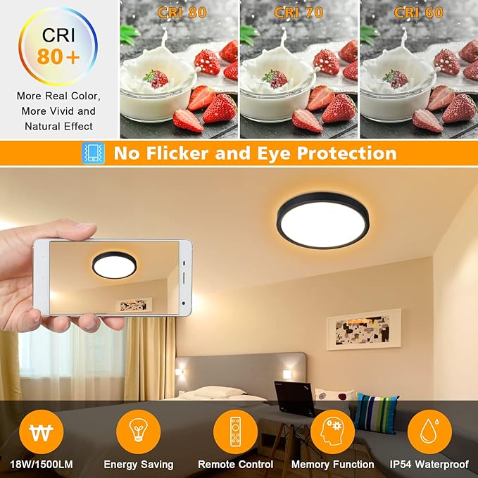 Unicozin Dimmable LED Flush Mount Ceiling Light with Remote Control, Wired 3000K-6000K Color Changing, 8.7Inch 18W(100W Equiv) 1500LM, Round Flat Ceiling Lamp Black for Bedroom, Living Room, Kitchen