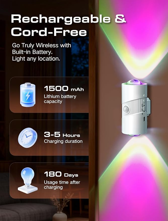 Rechargeable RGB Motion Sensor Night Light, Color Changing LED Night Light with Stick-on Magnet, 4-Level Adjustable Brightness, Nightlights for Bedroom, Bathroom, Hallway, Stairs, Closet, 2-Pack (1)