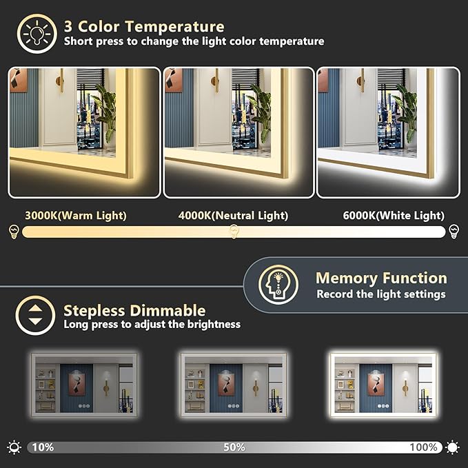66x36 Gold LED Bathroom Mirror with Lights, Brushed Gold Framed Backlit and Front Lit Anti-Fog Lighted Vanity Mirrors for Bathroom Wall, Dimmable, 3 Colors, Memory, HD Tempered Glass, CRI＞90
