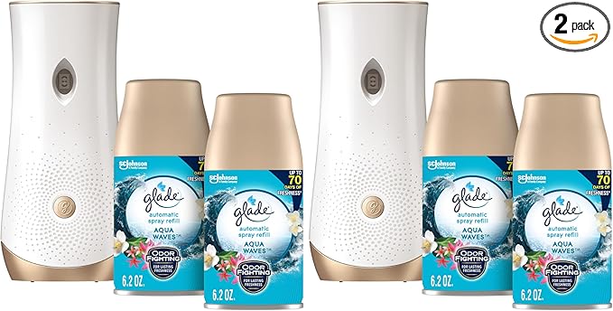 Glade Automatic Spray Refill and Holder Kit, Air Freshener for Home and Bathroom, Aqua Waves, 6.2 Oz, 2 Count (Pack of 2)