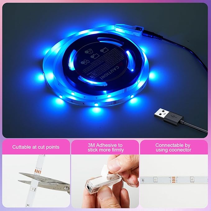 20ft LED Strip Lights Color Changing Mood lamp USB 5V Operated RGB 5050 LED Tape Lights Bedroom, Kitchen Cabinet Light with IR Remote Controller and Dimmable