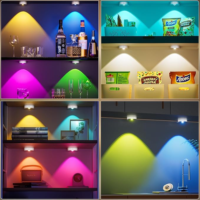 Under Cabinet Lighting, 1500mAh Rechargeable Puck Lights with Remote,13 RGB Colors, Magnetic Stick on Light, Dimmable Wireless Tap Light for Kitchen, Shelf, Pantry(White 6 Pack)