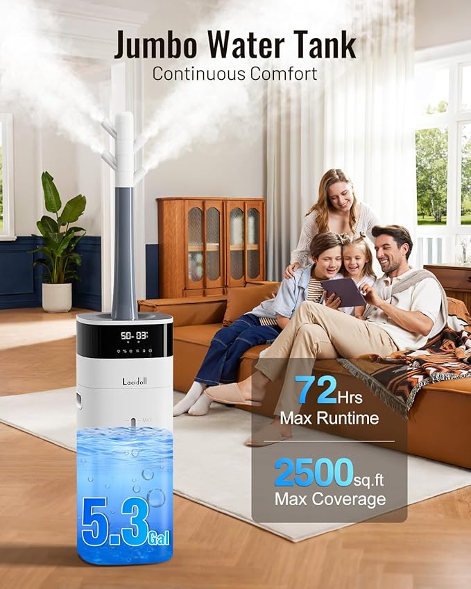 Warm and Cool Mist Humidifier Large Room, 5.3Gal/20L Humidifiers for Home 2500 sq ft, Whole House Humidifiers with Diffuser & Extended Tube, Air Humidifier for Bedroom Nursery Baby Plants