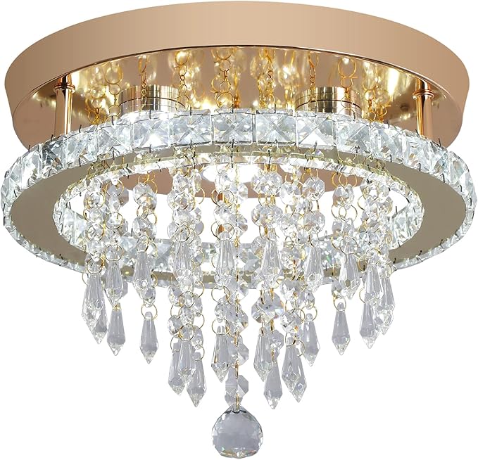 Deckrico Modern Gold Crystal Chandelier 11.8" LED Ceiling Light, Flush Mount Lighting Fixture for Bedroom, Hallway, Kitchen, Dining Room – Cool White