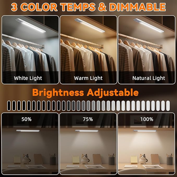 Under Cabinet Lighting Wireless, Rechargeable Motion Sensor Light Indoor, 3 Color Dimmable Closet Light Battery Operated with LED Power Display, Magnetic Under Counter Lights for Kitchen, Home (3Pack)
