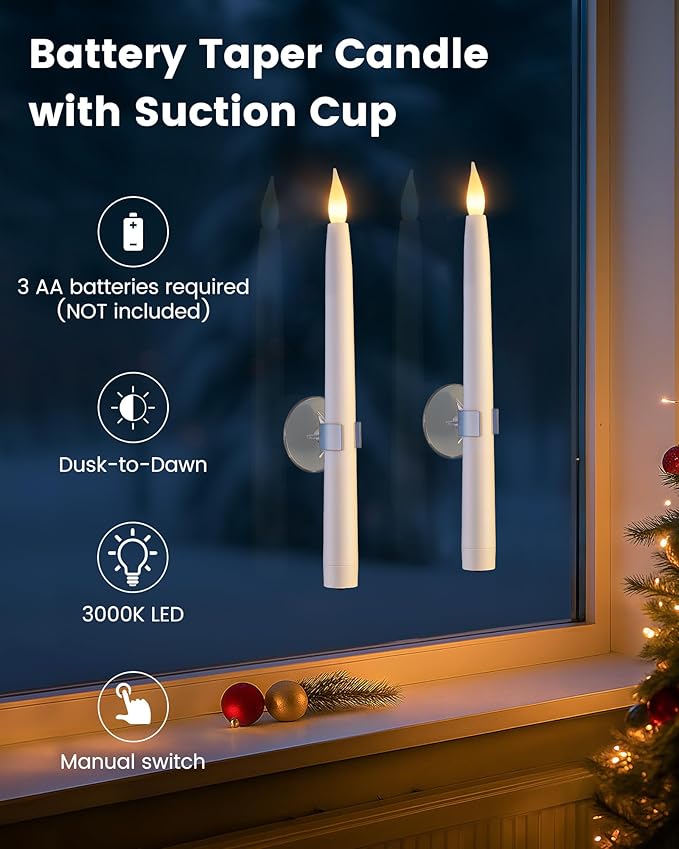 SURAIELEC 10.5'' Battery Window Candles with Suction Cups, Dusk-to-Dawn Window Candles, 3000K Warm White, Flameless LED Candle for Indoor Xmas Windows, 6 Pack (Rechargeable Battery Not Compatible)