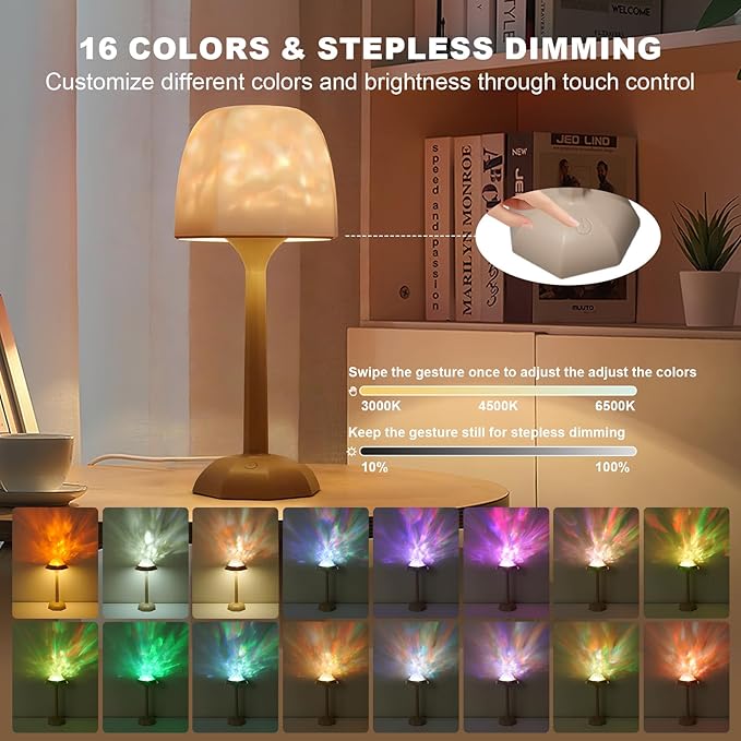 Rechargeable Table Lamp with Remote Control, 16 Color Changing LED Night Light with Water Ripple Projection, Adjustable Brightness for Bedroom, Office, Home Decor