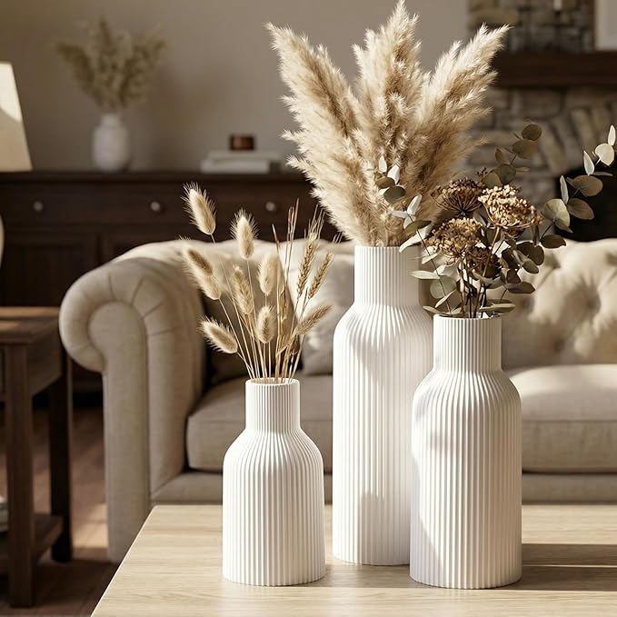 White Ceramic Vases Set of 3 - Modern Matte Ribbed Vases for Pampas Grass & Dried Flowers - Minimalist Decorative Centerpieces for Living Room, Shelf, Entryway & Wedding