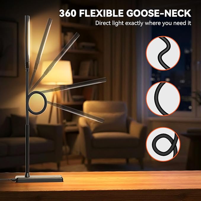 LED Desk Lamp Touch Control Desk Lamp with USB Charging Port 5 Color Modes 6 Brightness Levels Dimmable Eye-Caring Office Lamp with Memory Function 1h Timer Adjustable Neck Table Lamp