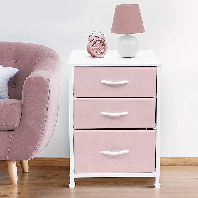 Sorbus Nightstand with 3 Drawers - Furniture Storage Chest Tower Unit for Bedroom, Hallway, Closet, Office Organization - Steel Frame, Wood Top, Pastel Fabric Bin (Pink)