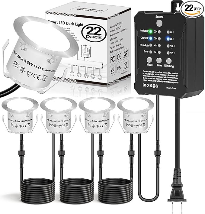 HIBOITEC Low Voltage Deck Lights Kit with Transformer Dimmable Timer and Photocell Sensor Outdoor Recessed LED Deck Lighting IP67 Waterproof 4000K for Stair Step Outdoor Garden Yard 22Pack