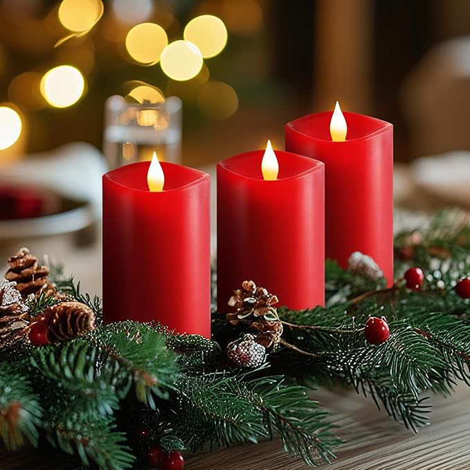 3x5 Flickering Flameless Candles Set of 3, 2AA Battery Life 600 Hours Battery Candles Flickering with Timer,5 inch Flameless Candles with Remote for Indoor/Outdoor, Red