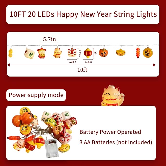 Chinese New Year LED Lights 10FT 20LED Spring Festival String Lights 2026 Chinese Lunar Decorations with 10 Lucky 3D Patterns Battery Operated 2 Lighting Modes for Chinese New Year Housewarming Decor