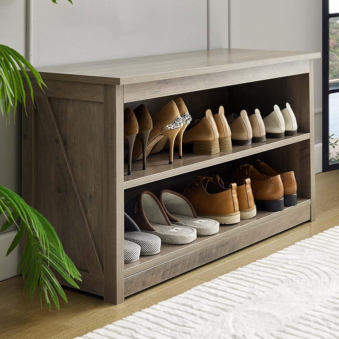 Farmhouse Storage Bench with 2-Tier Open Shelf, Shoe Bench with Cushion for Entryway, Mudroom, Hallway, Living Room & Bedroom Organization, Grey