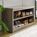 Farmhouse Storage Bench with 2-Tier Open Shelf, Shoe Bench with Cushion for Entryway, Mudroom, Hallway, Living Room & Bedroom Organization, Grey