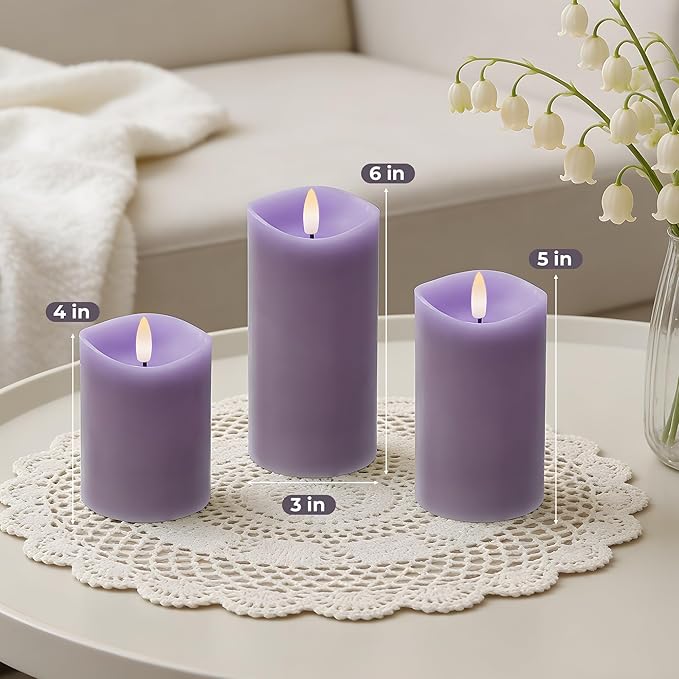 Purple Flameless Candles with Remote and Timer, Real Wax Made LED Pillar Candles Battery Operated with 3D Flickering Flame Melted Edge, 3" x 4",5",6", Set of 3 (Pastel Purple)