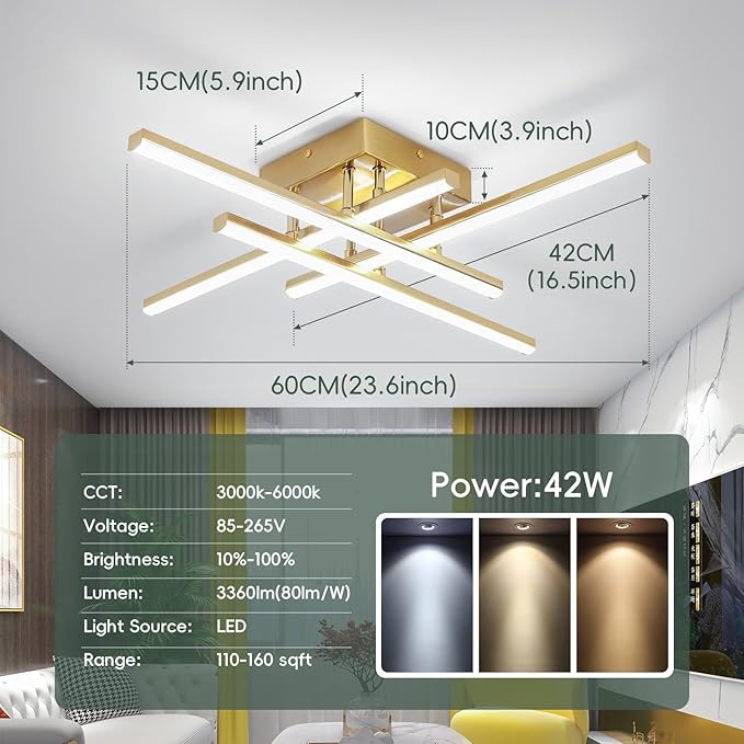 CANEOE Modern Ceiling Light Fixture, Gold Dimmable Close to Ceiling Light with Remote Control,Sputnik Flush Mount Ceiling Lamp for Bedroom Living Room Kitchen Modern Chandelier Light Fixture Ceiling