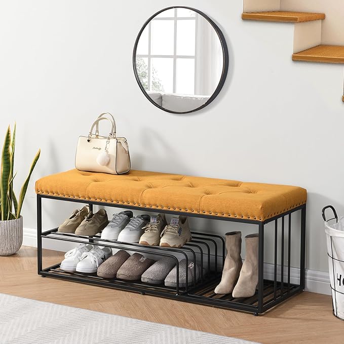 End of Bed Bench-Upholstered Entry Shoe Storage with Nailhead Trim,Black Mental Frame Ottoman Bench for Bedroom Entry Window Mudroom Living Room,Yellow