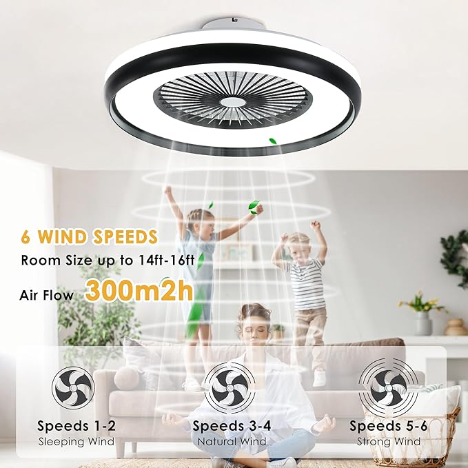24" Bladeless Ceiling Fan with RGB Light Remote, Smart LED Ceiling Fans with Voice/App Control, Modern Low Profile Dimmable Light Ceiling Fan for Bedroom Living Room Black