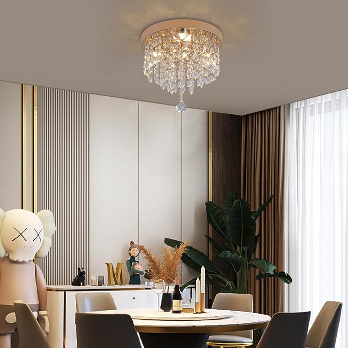 Deckrico Gold Crystal Chandelier Flush Mount Ceiling Light – Modern LED Lighting Fixture for Bedroom, Closet, Bathroom, Hallway – Warm Light