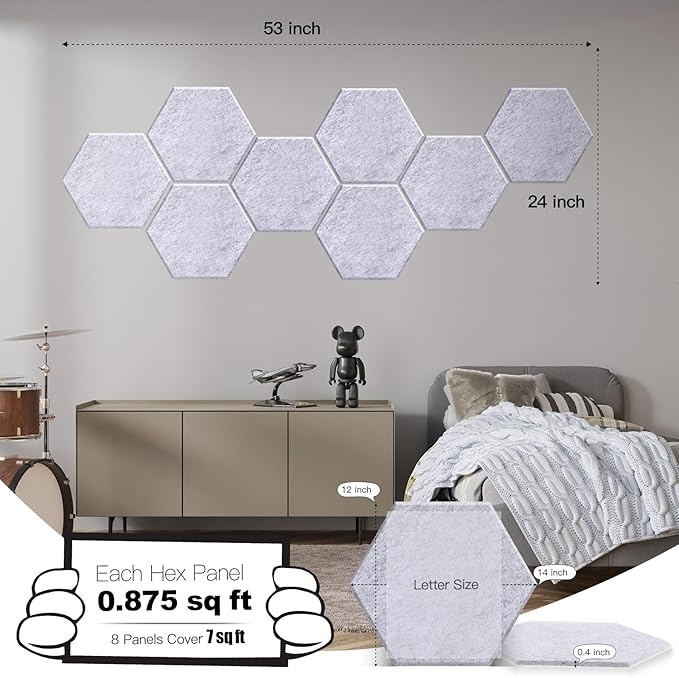 Mollywell Hexagon Acoustic Panels 14x12 - Reduce Echo & Reverb, Noise Blocking Wall Tiles for Home Office & Recording Studio, Silver Gray Sound Absorbing Panels