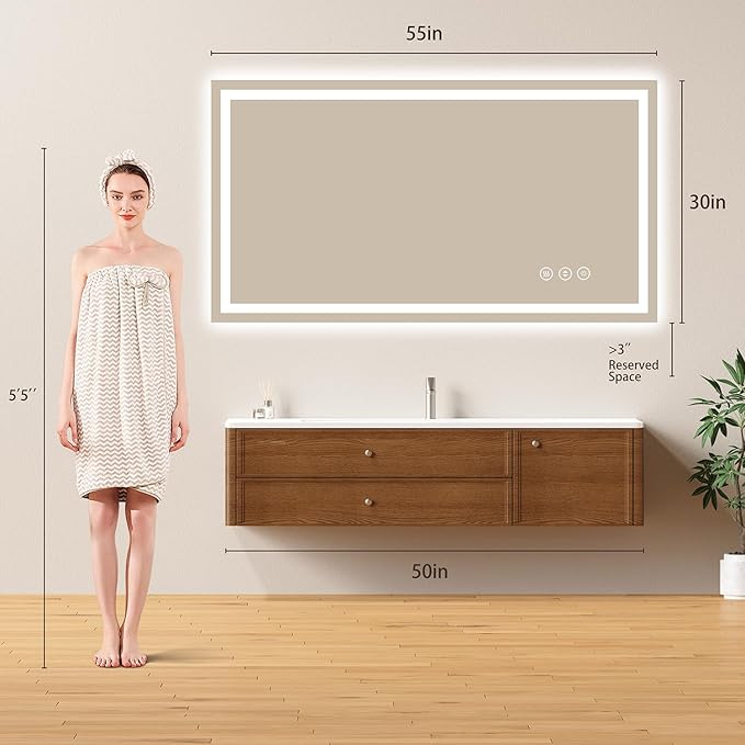 55x30 LED Bathroom Mirror with Lights - Dimmable, Anti-Fog, 3 Color Backlit & Front Lit Mirror for Bathroom, Shatter-Proof Tempered Glass, Easy Installation
