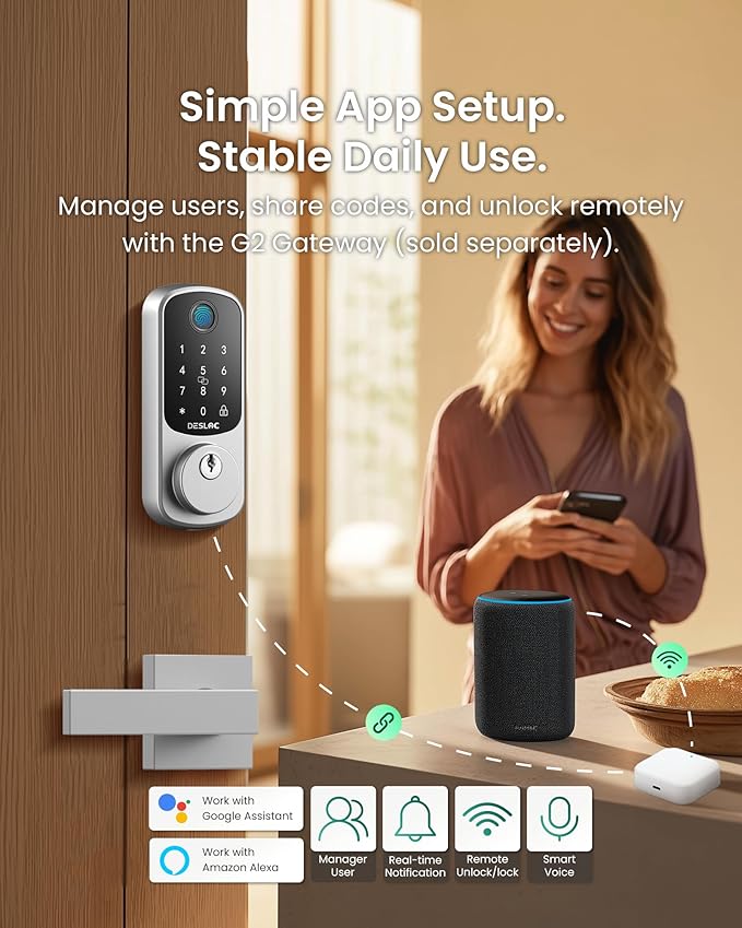 DESLOC B200 Fingerprint Smart Lock with 2 Durable Lever Handles, Keyless Entry Front Door Lock Set, Electronic Keypad Deadbolt, App Control, DIY Installation, Designed for a Secure DESLOC Home, Silver