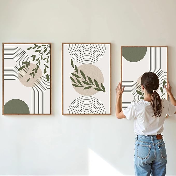 YeeHomedec Boho Sage Green Framed Canvas Wall Art, Mid Century Modern Wall Decor, Large Minimalist Art Print, Abstract Geometric Leaf Art Painting for Bathroom Living Room Bedroom Office 16"x24"x3