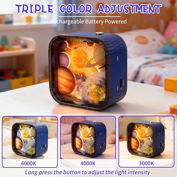 3D Wooden Puzzle Night Light DIY LED Wooden Lamp Kit for Adults Desk Decor Educational Art Project Table Ornament and Unique Gift (Solar System)
