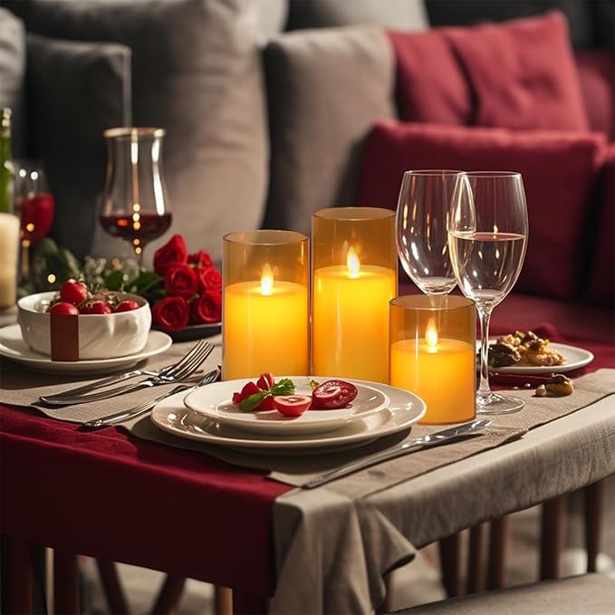 Wondise Flameless Flickering Candles with Remote and Timer, Battery Operated with Moving Wick, Glass LED Candles with Real Wax for Halloween Christmas Home Dinner Decoration (Gold