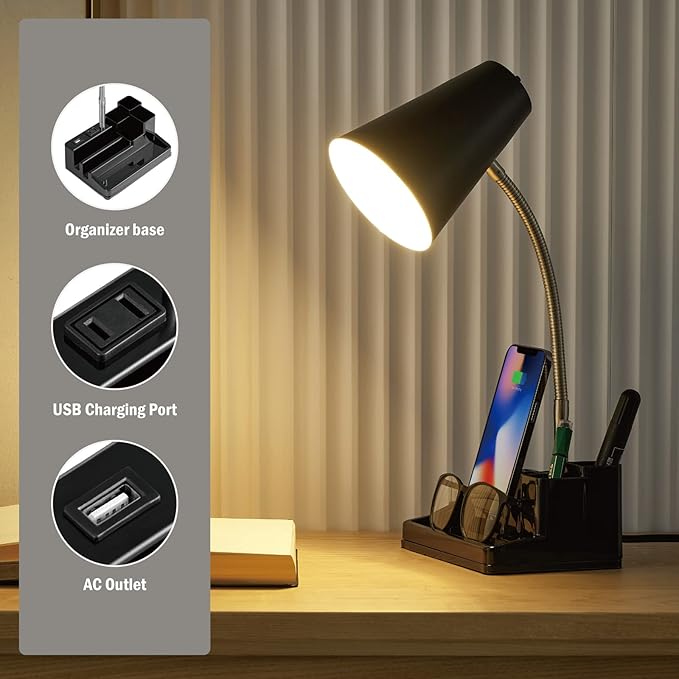 HonoDing E26 Desk Lamp with 1 USB Charging Port and 1 AC Outlet, Organizer Base, Adjustable Neck, On/Off Switch, Modern Table Lamp for Reading, Working, Studying(Black)
