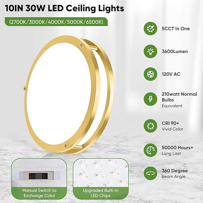 10 Inch LED Flush Mount Ceiling Light, Gold Kitchen Lighting Fixture with 2700K/3000K/4000K/5000K/6500K 5 Color Adjusted, Dimmable Modern Round LED Light for Bedroom Living Room Laundry, 1-Pack