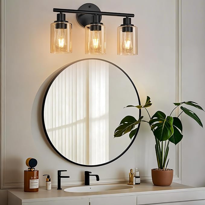 3-Light Bathroom Light Fixtures, Black Modern Vanity Lights with Amber Glass Shades, Bathroom Wall Lamp for Mirror Kitchen Living Room Hallway Cabinet Porch