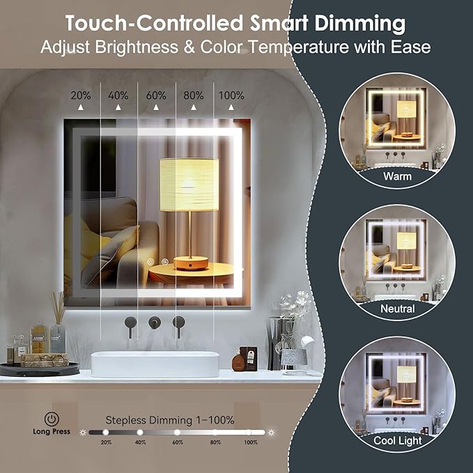 LED Lighted Bathroom Mirror with Anti-Fog, Square Wall Mounted Vanity Mirror with Smart Touch Button, Memory Function, Adjustable Warm White/Natural/Daylight Lights(24x24 inches)