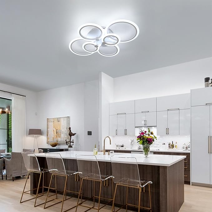DELIPOP Modern Ceiling Light, 31.8'' Dimmable LED Ceiling Lights with Remote, White 6 Rings Flush Mount Ceiling Light for Kitchen, Bedroom, Living Room, Dining Room