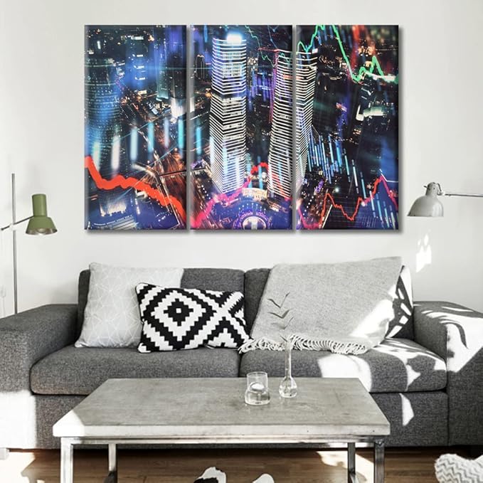 TUMOVO Trading Graph on The Cityscape at Night Background Pictures Wall Decor Living Room 3 Piece Business and Financial Concept Rustic Home Decor Framed Ready to Hang (36" Wx24 H)
