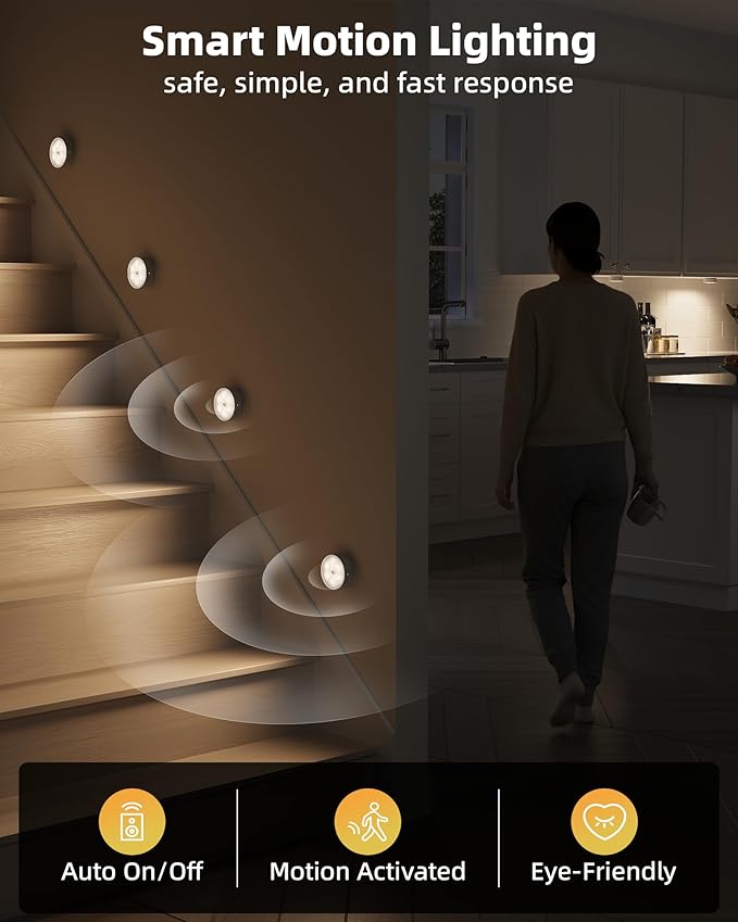 EZVALO 4 Pack Motion Sensor Closet Lights, 1200mAh USB-C Rechargeable LED Puck Lights, Under Cabinet Lights, Night Lights, Dimmable, 3 Color Temps, Magnetic, Stick on for Closet, Stairs, Cabinets