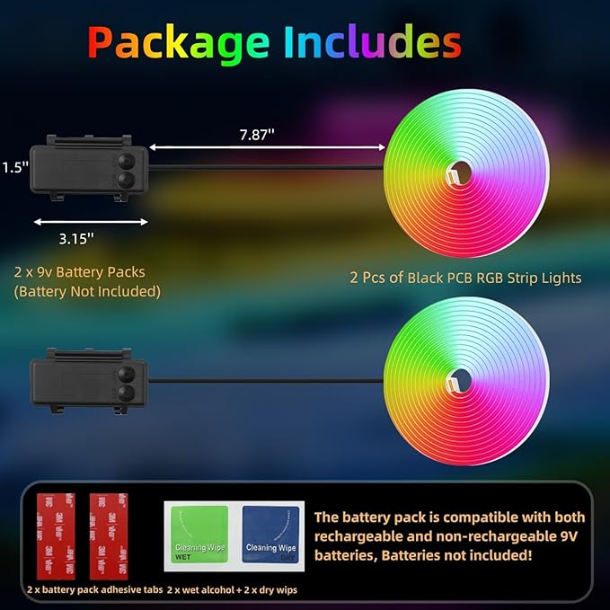 Battery Operated Marine Submersible Boat Lights Strip, 2 Pcs 8FT 9V IP68 RGB Golf Cart Canopy Roof Underglow Lights, Kayak Paddleboard Light, Boat Interior Deck Courtesy Light