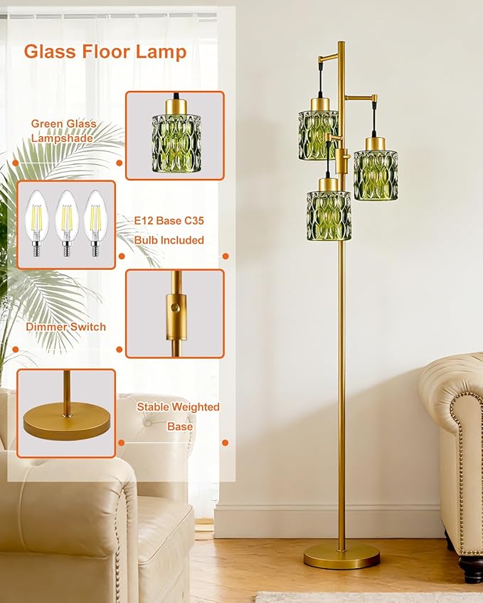 3-Light Floor Lamps for Living Room, Farmhouse Dimmable Gold Floor Lamp with Green Glass Shade& Bulbs Included, Mid Century Standing Tall Lamp for Bedroom/Sofa Beside/Corner